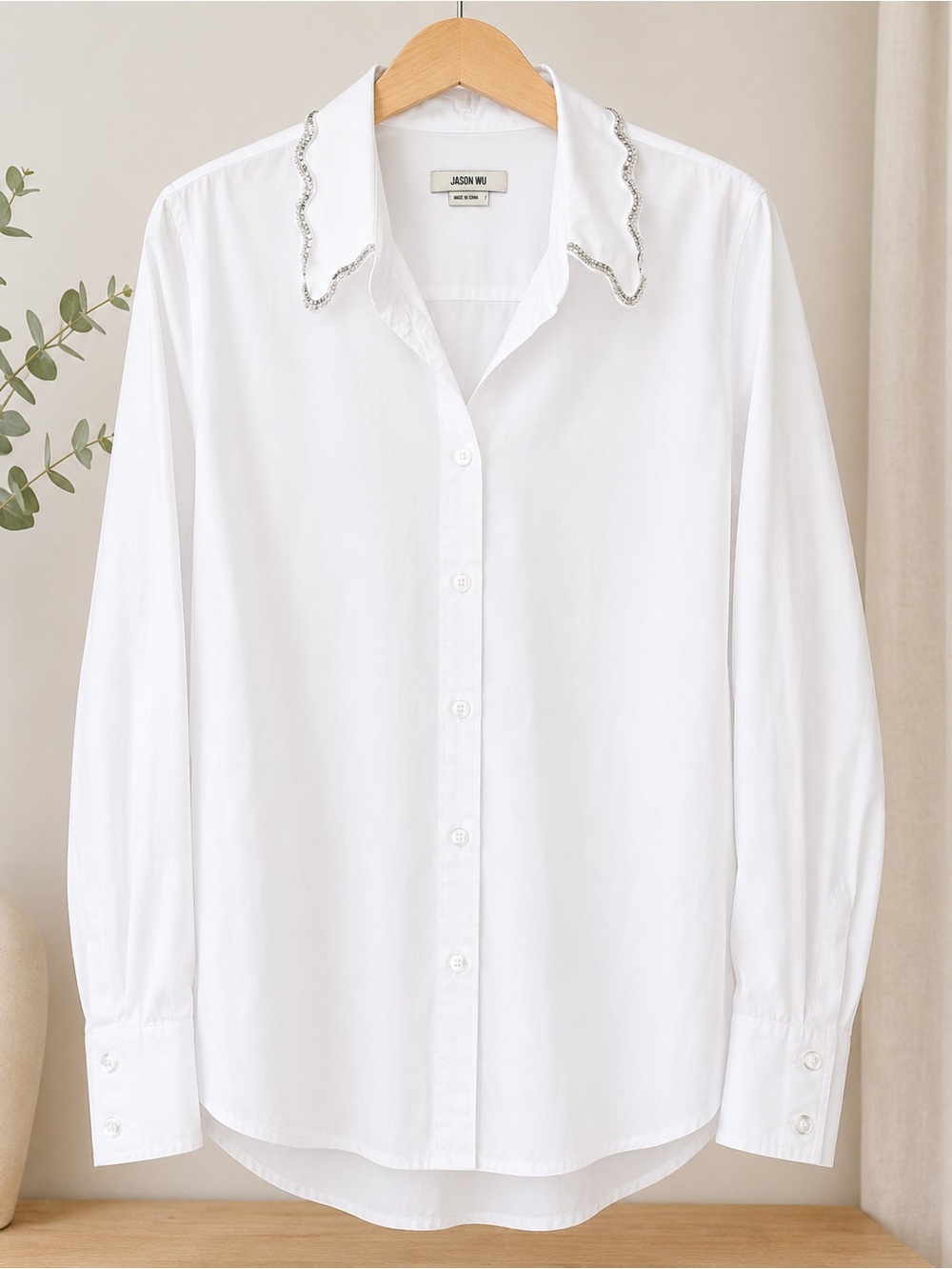 Jason Wu White Button Front Blouse Embellished 96% Cotton Beaded Collar Sz L